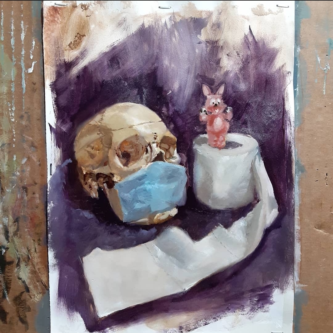 Oil painting ting done with others on line during Covid.

#covidart #art #oilpaintings #contemporaryoilpainting #skullart