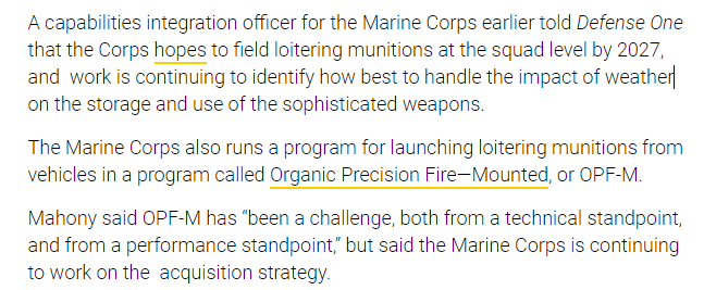 RALee85's tweet photo. "A capabilities integration officer for the Marine Corps earlier told Defense One that the Corps hopes to field loitering munitions at the squad level by 2027" @samuelskove
https://t.co/wesRVEmOFV https://t.co/rhnJCrGiQb