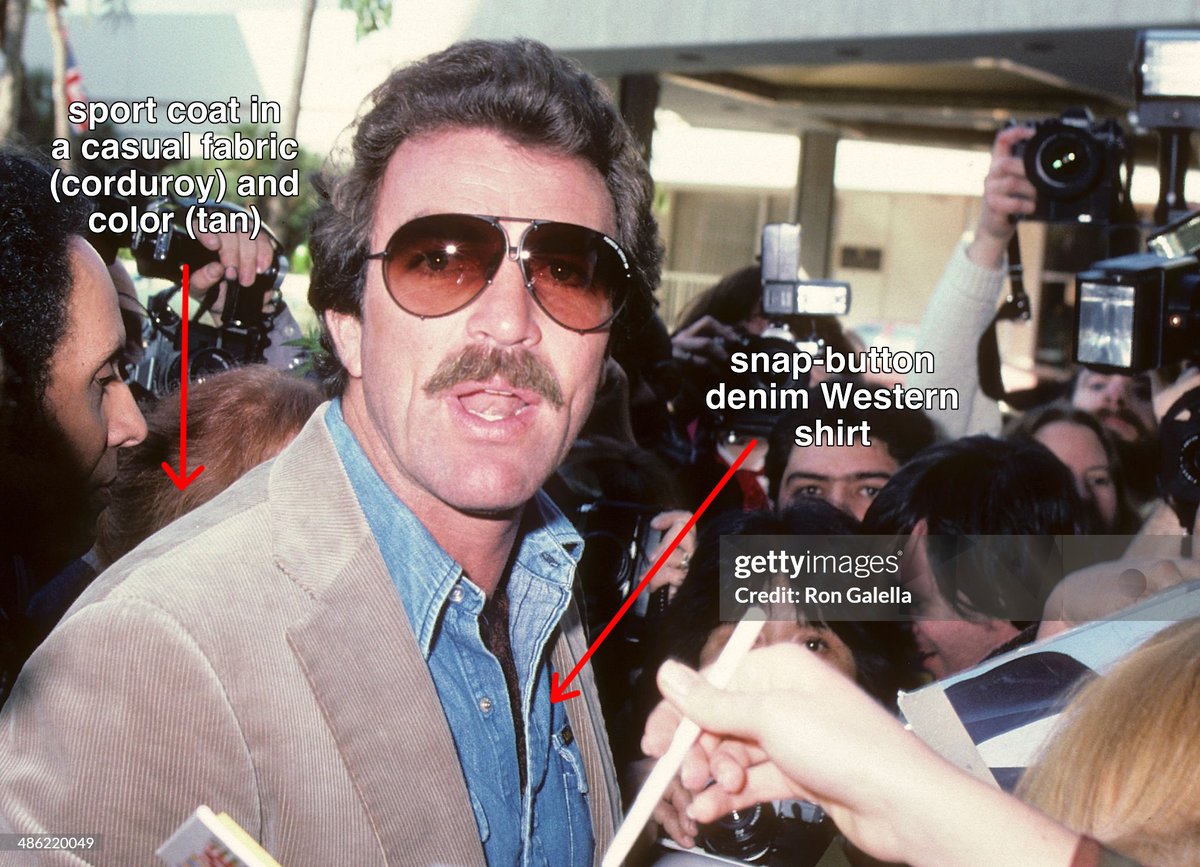 dieworkwear's tweet photo. tom selleck shows how to dress down a sport coat (combine casual things with casual things, not suit jackets with jeans) https://t.co/0H81x8vbCo