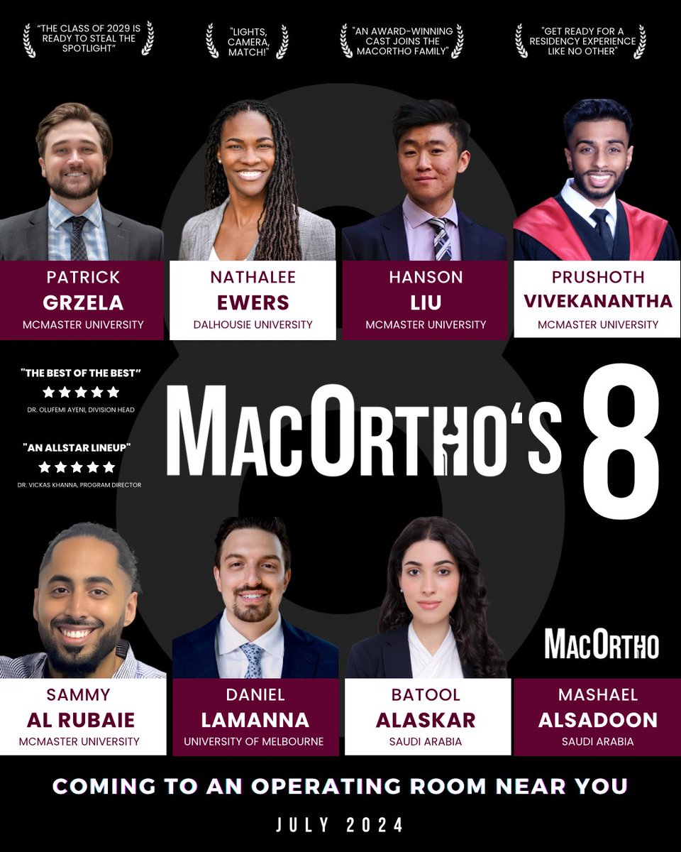 We are absolutely thrilled to introduce our amazing cohort of incoming R1s! Congratulations to Prushoth, Patrick, Hanson, Nathalee, Sammy, Daniel, Batool, and Mashael – we can’t wait to welcome you to the MacOrtho family this July!🎉 #CaRMS2024 #CaRMSMatch #MatchDay