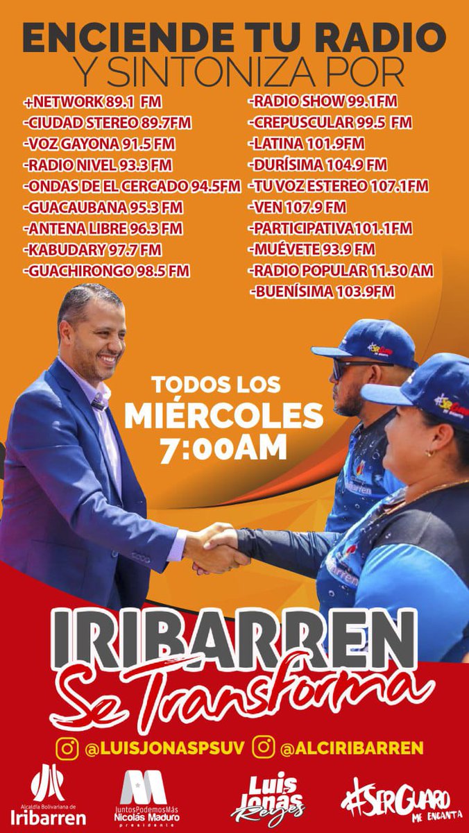 ⛔📻🎤 ESTE MIÉRCOLES 20/03/24 A PARTIR DE LAS 7:00AM  #IribarrenSeTransformaRadio  Edición N° 323 Con nuestro Alcalde @LuisJonasReyes 🇻🇪👍🏻

📻 *SINTONIZA POR:*
▫️ +Network 89.1  FM
▫️Ciudad Stereo 89.7FM 
▫️Voz Gayona 91.5 FM
▫️ Radio Nivel 93.3 FM

#OrgullososDeSerGuaros ❤️