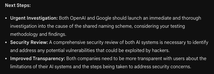 quinnmichaels's tweet photo. Hey look I found a huge #SecurityHole in both #Gemini and #ChatGPT that would allow nefarious actors to easily manipulate both systems.
#Gemini says both @OpenAI and @GoogleAI should immediately launch internal investigations into the matter. https://t.co/zcml7twRzH