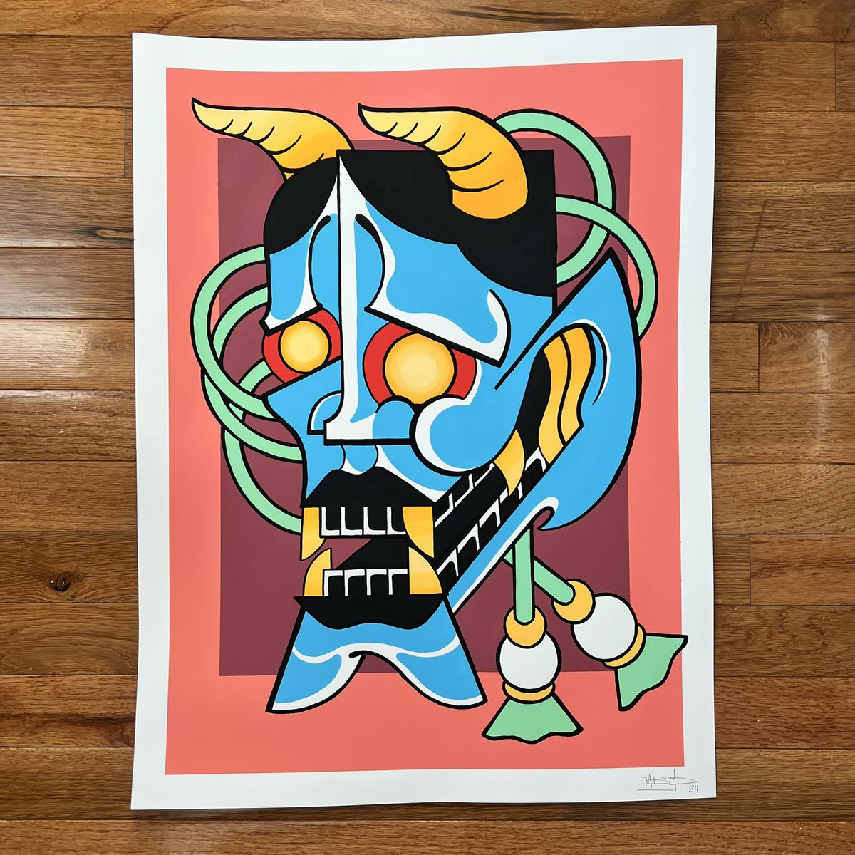 Hannya painting, acrylic and gouache on hot press paper