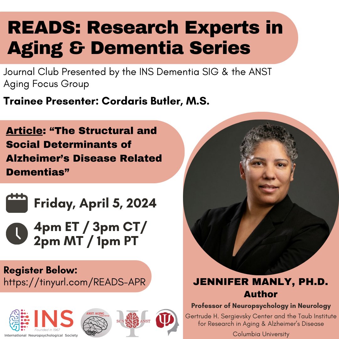 Our next READS journal club is on Friday, April 5th at 4pm ET! @ElvenMagicArrow is presenting an article co-authored by @ManlyEpic, who will join us to discuss structural and social determinants in Alzheimer’s disease! Don’t miss it! @INSneuro @ins_slc @Div40ANST @ANSTAgingGroup