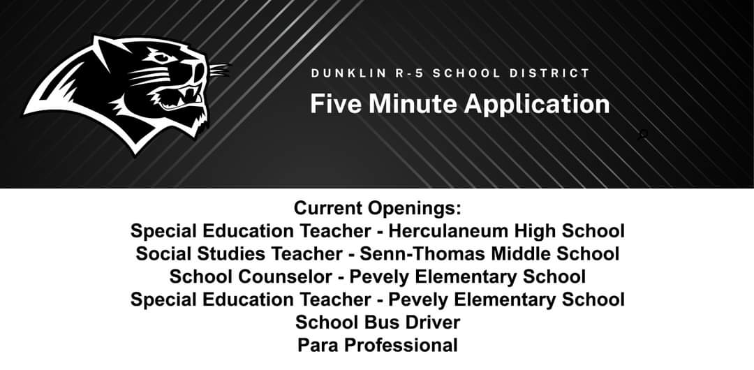 MrsKatieKaletta's tweet photo. It only takes 5 minutes to apply for a job at Dunklin R-5 School District with our new initial application form. Use the link to apply today and come work with the best! ♥️🐾 #GoBlackcats #BeABlackcat 
 https://t.co/kBzDNOvdEu https://t.co/eLsade0Mdp