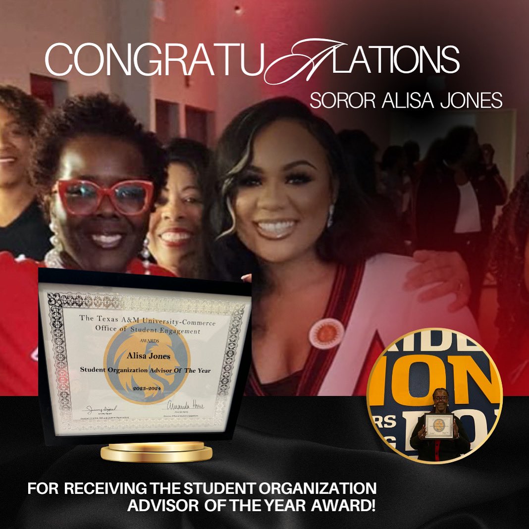 Congratulations to The Theta Nu Chapter of Delta Sigma Theta Sorority, Incorporated Primary Advisor Soror Alisa Jones for receiving the Student Organization Advisor of the Year Award! 

Your hard effort, which many others do not see, is greatly appreciated ❤️ <a href="/fslattamuc/">FSL at TAMUC</a>