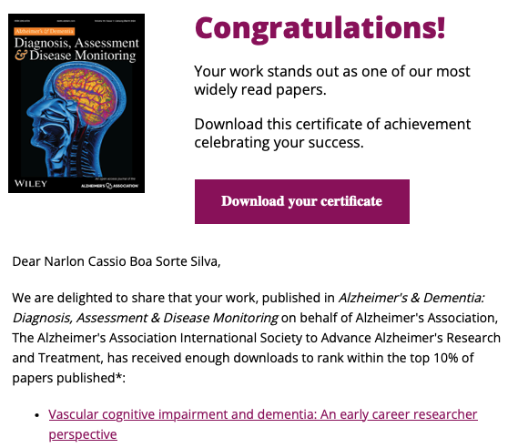 Our paper on vascular cognitive impairment and dementia is a #TopDownloadedArticle in @alzdemjournals's DADM! I'm so thankful for collaborating with these great people on the paper: @Brittanirae15 @PopNeurosci @OBracko, @LisaRobison86, @AtticHains, Fabricio Oliveira & Amy Nelson.