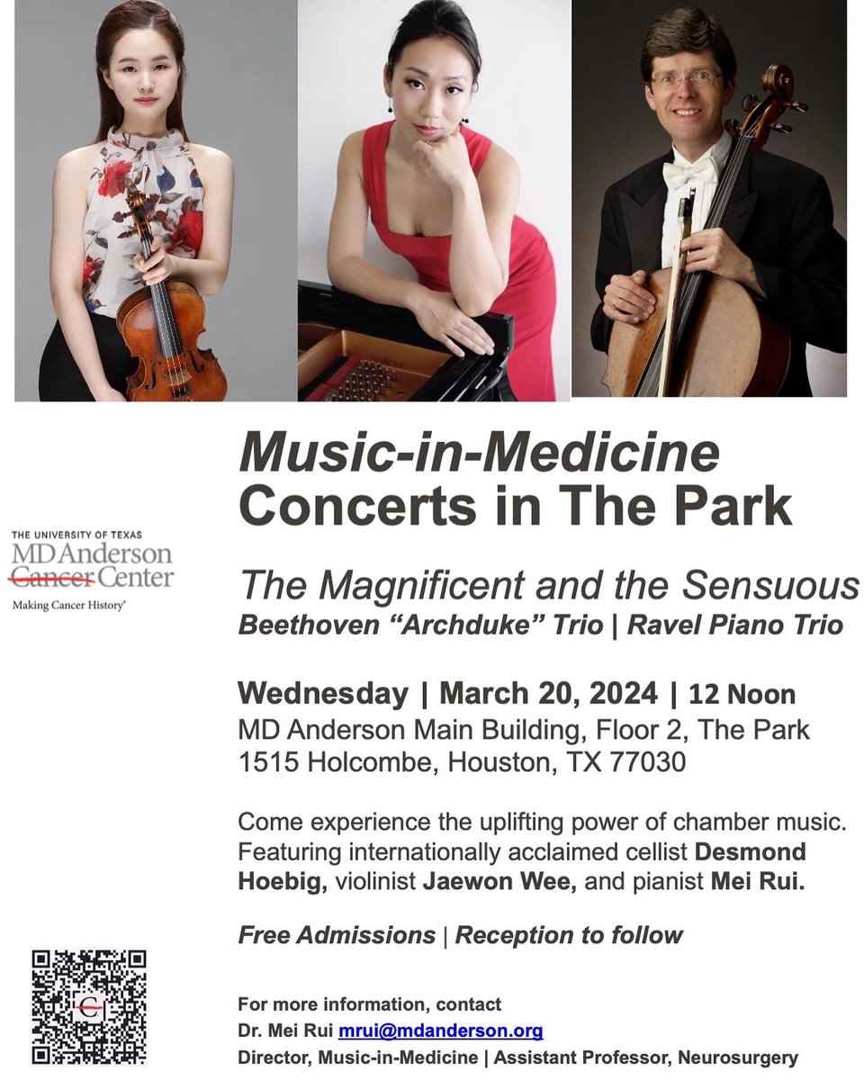 DrMeiRui's tweet photo. You are invited two free #MusicinMedicine #concerts and reception featuring superstar artists: tomorrow 3/20 at 12 noon featuring two magnificent #piano #trios: #Beethoven #Archduke and #Ravel! On 3/21, we will welcome @EmanuelAx to perform a solo recital @MDAndersonNews at 5pm. https://t.co/1nM9q56oCK