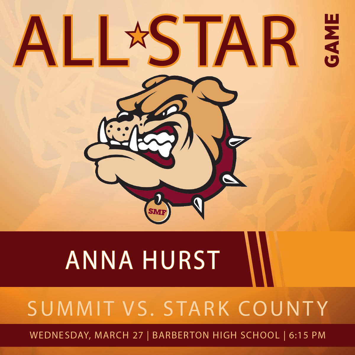 Congratulations to Stow senior Bulldog, Anna Hurst, selected to play in the Summit vs. Stark All-Star game Wednesday, March 27th, at Barberton HS. Tip at 6:15.  Come cheer one last time!