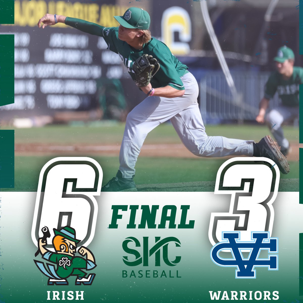 Fightin' Irish get their first win in <a href="/WCALSports/">WCALSports</a> action. <a href="/ZachStallworth/">Zach Stallworth</a> goes 5 2/3 giving up 3R, 7H, 2K, 2B. <a href="/DMAbaseball14/">Dylan Adelman</a> slams the door striking out the last 4! <a href="/Tate_Medicoff/">Tate</a> with a HUGE 3 run HR to lead the offense. Up next: Irish travel to VC on Friday, 4pm.  Go Irish!☘️