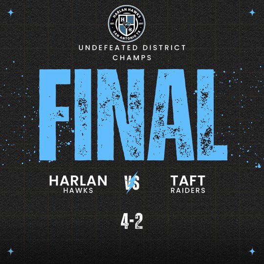 Final from NISD #2 Harlan 4-2 Taft @HarlanSoccer earns their 4th Consecutive Undefeated District Championship!!! 🏆🏆🏆🏆🔥🔥🔥🔥 It’s a Great Day to be a HAWK!!! DALEEE!!!!!!😤😤😤 ⚽️⚽️@hugolarce2005 ⚽️🅰️🅰️@Greydn20 ⚽️🅰️@nick_safc #HawkYeah @NISDHarlan