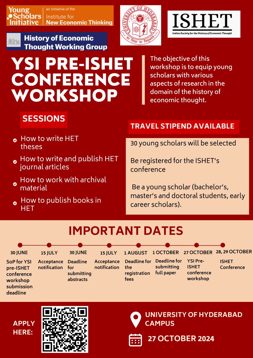 One day prior to ISHET's annual conference in Hyderabad🇮🇳, @het_ysi is organising a research workshop. 🪻 🌴Travel stipends available for young scholars.🌴 Apply 👉🏾ysi.ineteconomics.org/event/ysi-pre-… ISHET: sites.google.com/view/ishet/ish… @INETeconomics @ysi_commons @Societies_HET