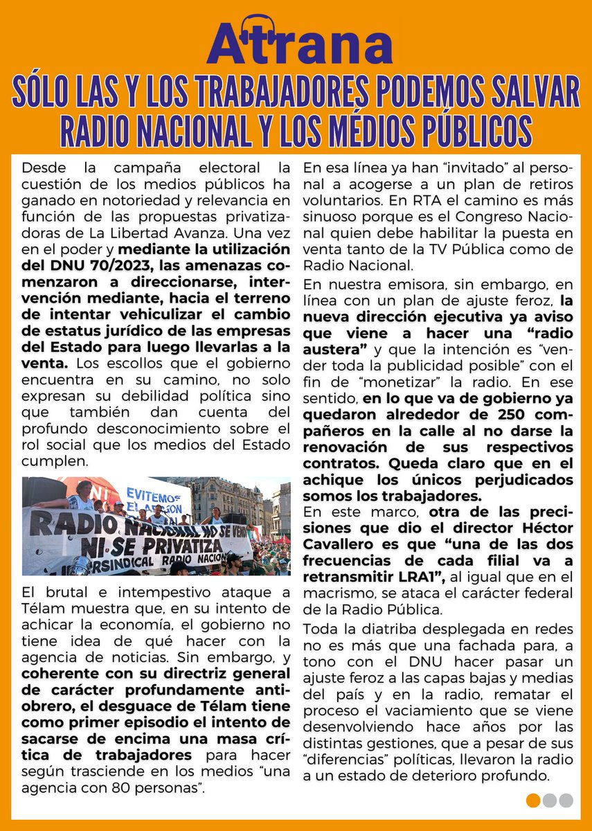 Atrana_RNA's tweet photo. SÓLO LAS Y LOS TRABAJADORES PODEMOS SALVAR #RADIONACIONAL Y LOS MÉDIOS PÚBLICOS 
📌 Comunicado completo para leer link en el siguiente link: https://t.co/EmHv1xdyMt 
.
#MediosPublicos #UnidadDeLosTrabajadores #DefendamosLosMediosPublicos #inflación #Salario #Paritarias https://t.co/HGxphNmI7T