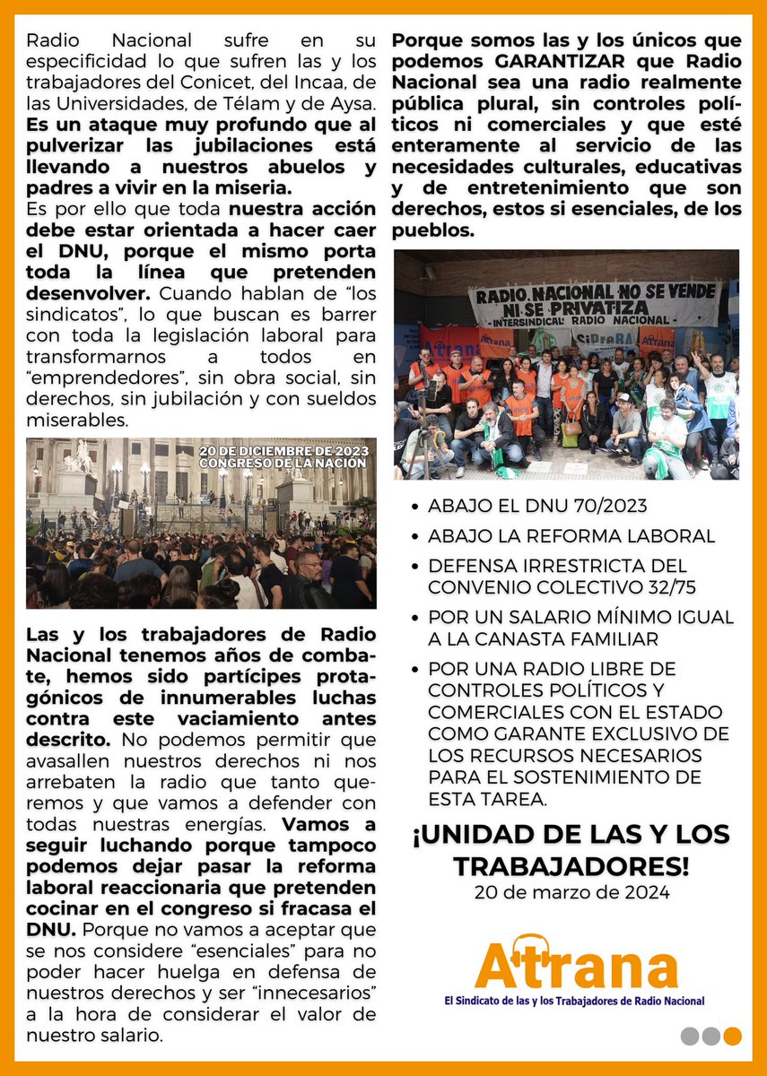 SÓLO LAS Y LOS TRABAJADORES PODEMOS SALVAR #RADIONACIONAL Y LOS MÉDIOS PÚBLICOS 
📌 Comunicado completo para leer link en el siguiente link: facebook.com/atranasindicat… 
.
#MediosPublicos #UnidadDeLosTrabajadores #DefendamosLosMediosPublicos #inflación #Salario #Paritarias