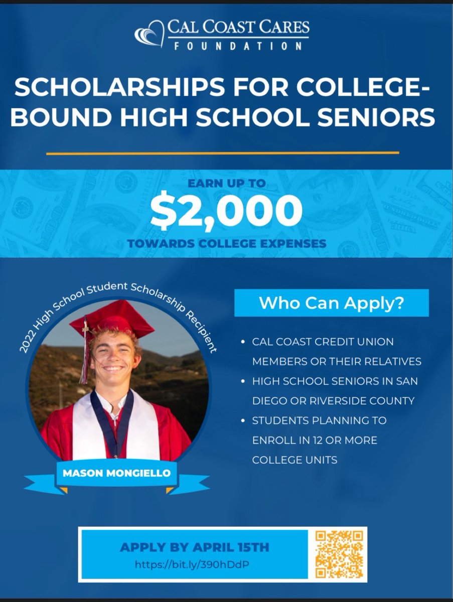 .@CalCoastCU Scholarship Alert for Graduating High School Seniors and Current College Students in San Diego and Riverside Counties!