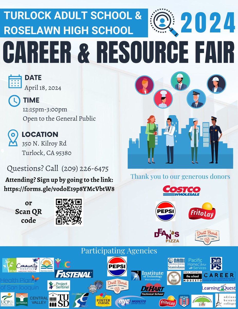 Save the Date! Turlock Adult School and Roselawn High School Career Fair 🗓️ April 18 ⏰ 12:15pm-3:00pm 📍 350 N. Kilroy Road 🔗 forms.gle/vodoE19p8YMcVb… #TUSD