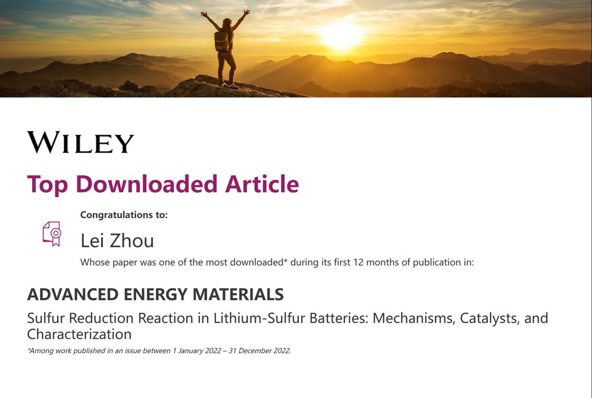 My work published in Advanced Energy Materials , has received enough downloads to rank within the top 10% of papers #TopDownloadedArticle 

Sulfur Reduction Reaction in Lithium–Sulfur Batteries: Mechanisms, Catalysts, and Characterization  onlinelibrary.wiley.com/doi/full/10.10…