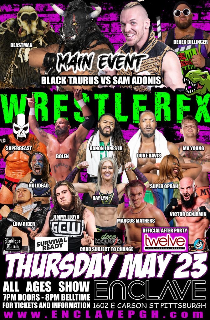 #WRESTLEREX returns to @SouthSidePgh on Thursday May 23rd! Featuring: @Taurusoriginal @beastman @dErEk_DiLLiNGeR @TheJimmyLLoyd @MarcusMathers1 @Ray_lyn @holidead @RealSavageGent +More!!! For Tickets ⬇️ showclix.com/event/wrestler…