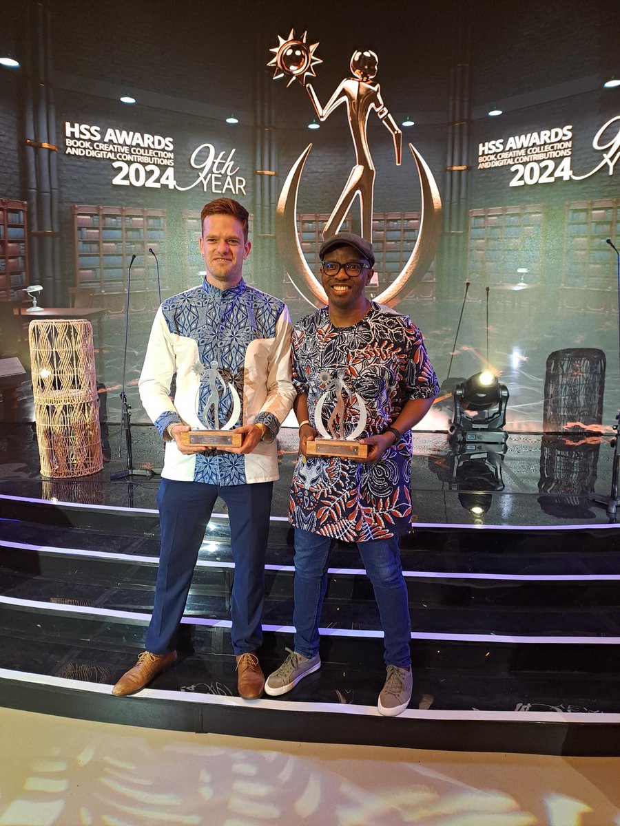 Creative Writing lecturers after winning the Humanities and Social Sciences Awards (@iNIHSS on March 14th 2024. Pieter Odendaal (Best Poetry Collection, @theNWU) and Sabata-mpho Mokae (Best Non-Fiction Edited Volume, @MySPU).