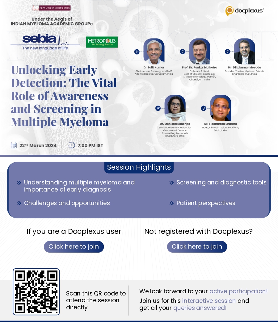 Join the webinar organized by IMAGe (@IndMyAcGp) in association with Sebia and Metropolis on the 'vital role of awareness and screening for early detection of Myeloma' from @DrPMPGI and Padmashree Dr. Lalit Kumar. We have patient perspective deliberated by @Myelomafriends