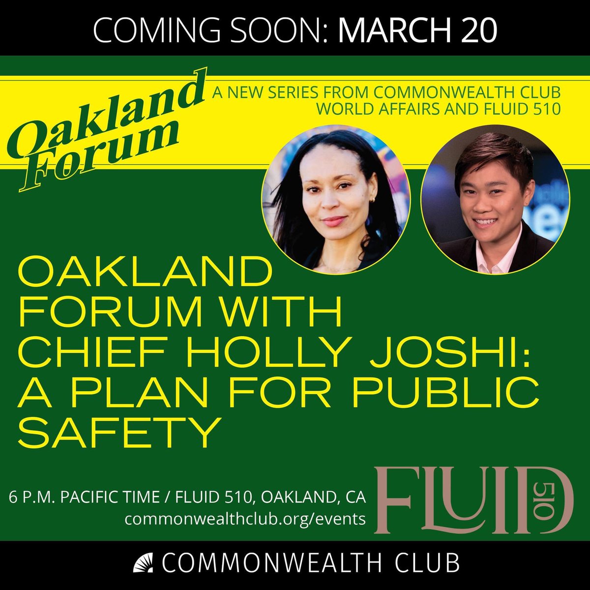 The Commonwealth Club presents Chief of Violence Prevention, Dr. Holly: A Plan for Public Safety. 

Wednesday, March 20th at 6pm
Fluid510 | 1544 Broadway, Oakland