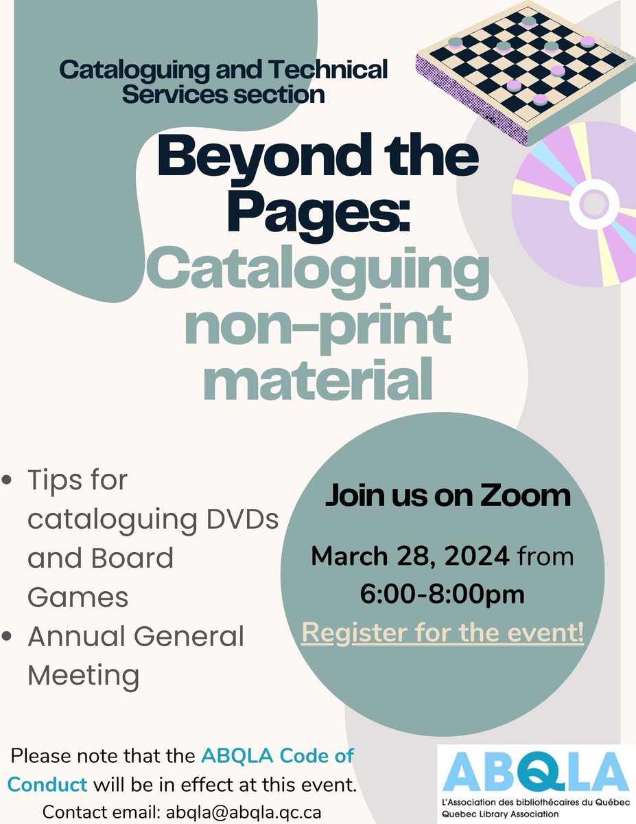 Join us for tips on cataloguing non-print material and for the Cataloguing and Technical services Annual General Meeting!

Date: March 28th
Time: 6:00-8:00pm
Location: Zoom

Register for the meeting!
us02web.zoom.us/meeting/regist…

#mtl #abqla #libraries #mtllibraries #cataloguing