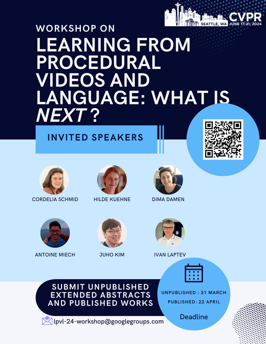 🚀Deadline is extended for workshop on Learning from Procedural Videos and Language @ #CVPR2024!

⏰ Submit your unpublished works by March 31 11:59PM PST and published papers by April 22 11:59PM PST.

Workshop details :  sites.google.com/view/lpvl-cvpr…

<a href="/CVPR/">#CVPR2025</a>