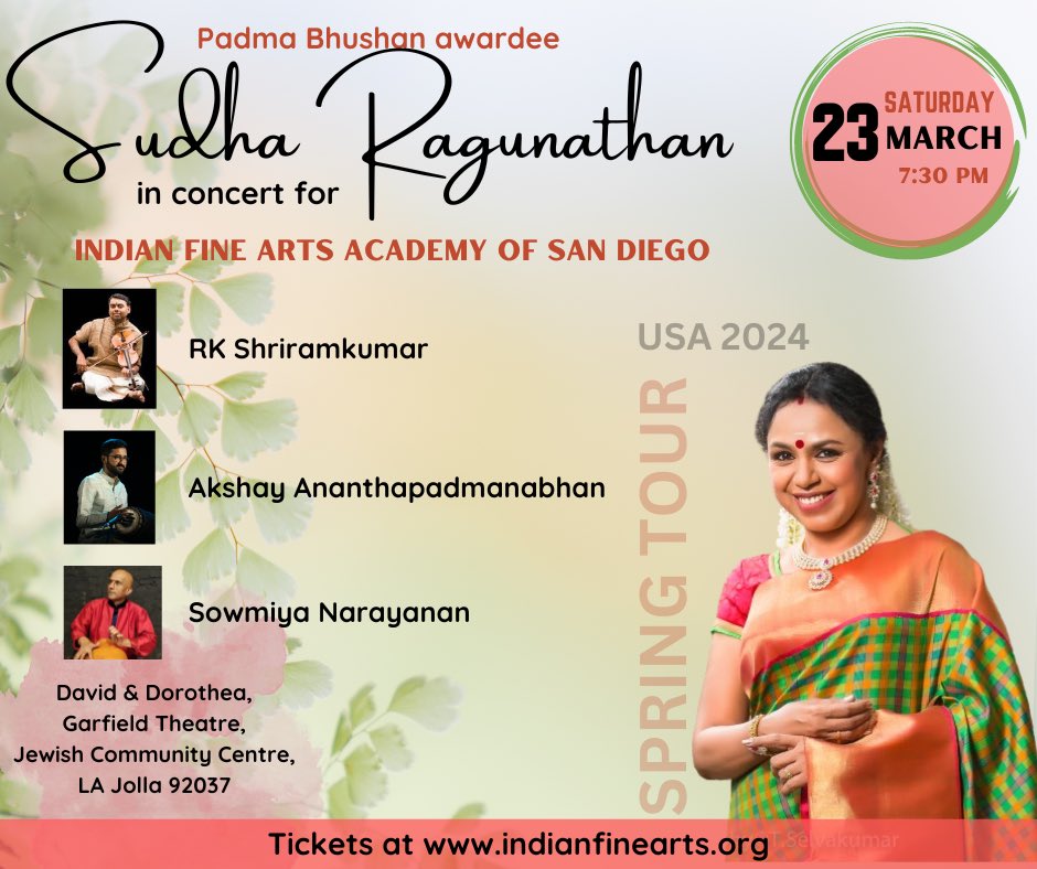 The first concert of the 2024 US Spring Tour! Looking forward to interact with my rasikas once again! #sudharagunathan #sudharaghunathan #sudharagunathanconcert #carnaticconcertinusa #concertschedule2024 #simplysudha #springandsummertours #sudharaghunathanmusic #simplysudha