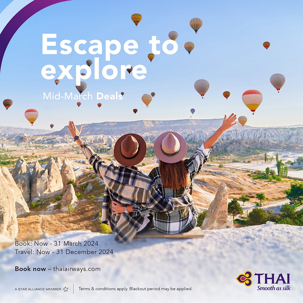 ThaiAirways's tweet photo. Ready to discover new horizons? Let #ThaiAirways be your passport to adventure! 🗺️✨ Escape to explore with us and make every moment count. 

Book now! https://t.co/STOOaFcR9y

*T&amp;Cs apply
#Escapetoexplore #SmoothAsSilk #MagicalJourney #MidMarch #Deals #tg https://t.co/s5V8z5UblP