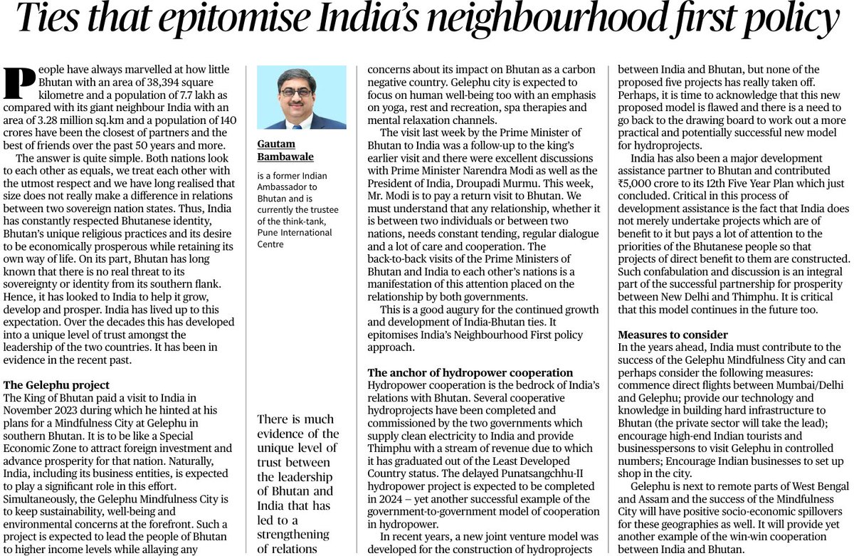 My article in The Hindu 20 March 2024 on India - Bhutan ties.