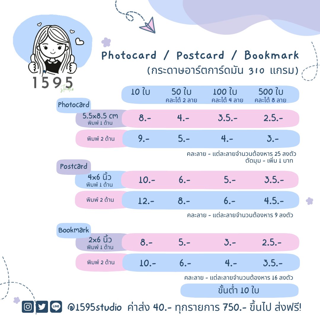 1595studio's tweet photo. [💗] ราคาอัปเดต 2024

✅มินิ #สแตนดี้(โฟม)
✅#โพลารอยด์ | #photobooth
✅#Photocard |#Postcard | #Bookmark
✅#เข็มกลัด #พวงกุญแจ
📌ส่งรูปที่ชอบมาทำได้เลยค่ะ
ซื้อเยอะมีราคาส่งแน่นอนค่า
.
📆เปิดทุกวันไม่มีปิดรอบฮับ
📝สนใจสอบถามเข้ามาก่อนได้นะค้า ไม่ซื้อไม่ว่ากันค่ะ 😘
#1595รีวิว https://t.co/1A4GkVCgjW