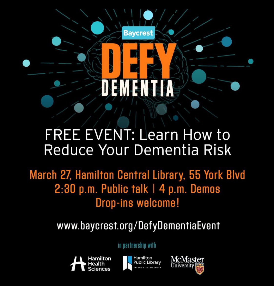 The #DefyDementia team is hitting the road again! Join us at Hamilton Central Library on Wed Mar 27 from 2-5 pm, along with our podcast guests Dr. Jennifer Heisz and Ravi Venkatesh, as we discuss how #EVERYONE can live a brain healthy lifestyle. Take part in an interactive panel