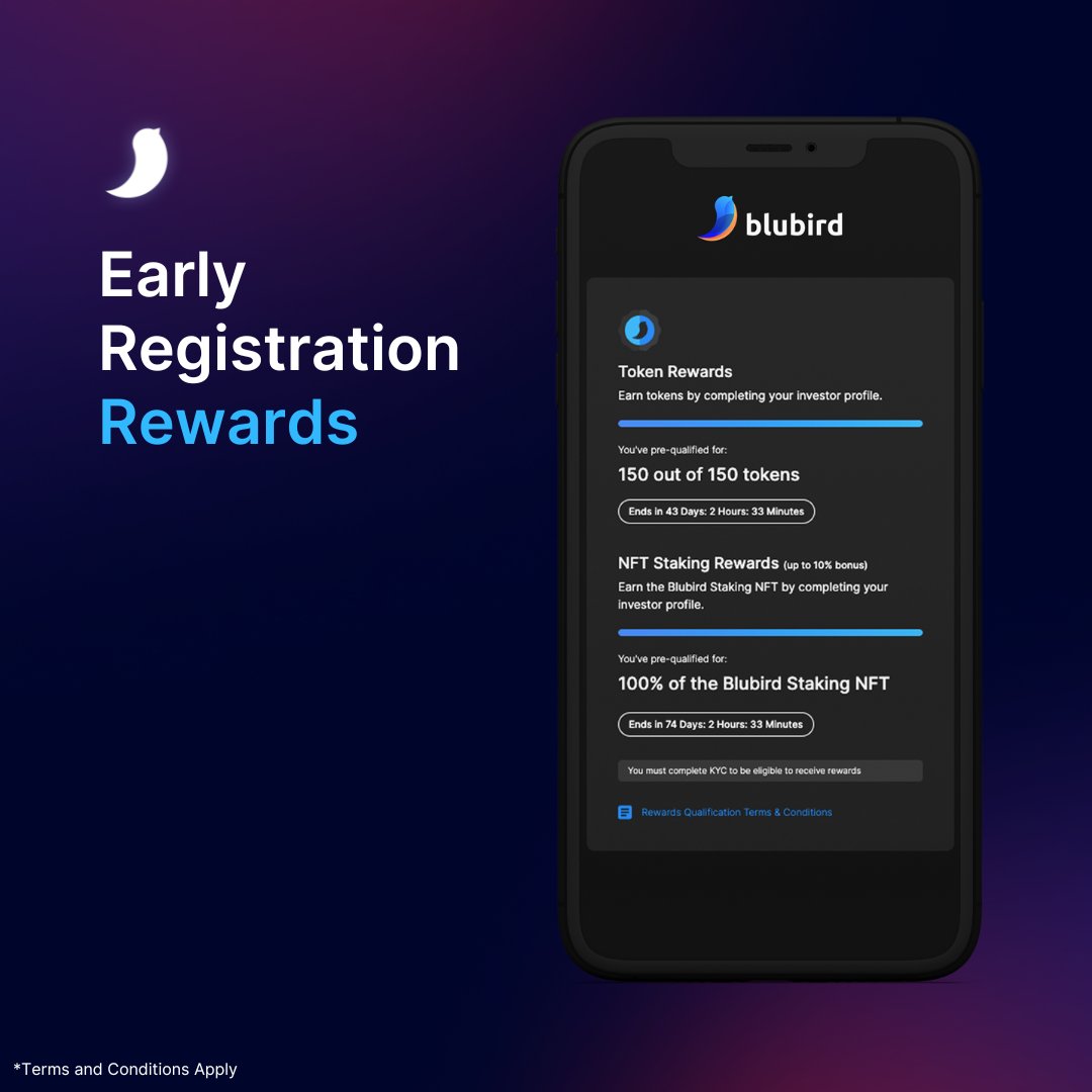 The Investor Portal is now live and we're rewarding Early Birds in our investor community. Community members who join will be able to earn a share of 5,000,000 $BLU tokens valued at $500,000 USD by completing these steps: ✅Follow the Blubird Twitter (X) page: @blubird_app…