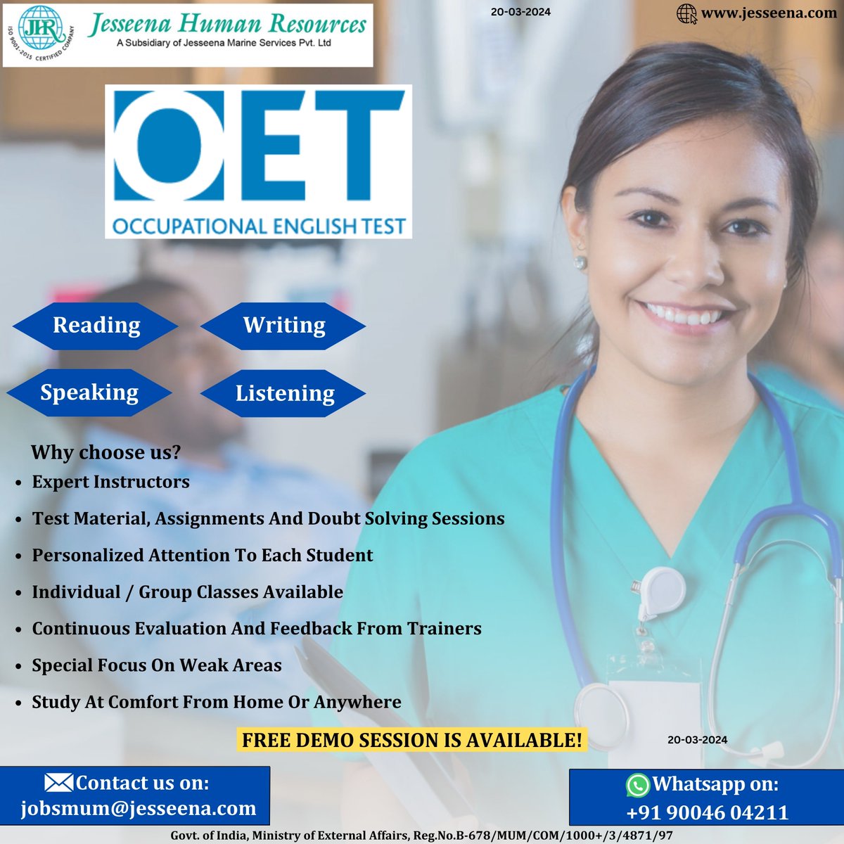 OET Online Classes

Contact us on:
jobsmum@jesseena.com

#oetOnlineClasses #oetPreparation #reading #writing #speaking #listening #testMaterial #personalizedAttention #individualClasses #groupClasses #continuousEvaluation #feedback