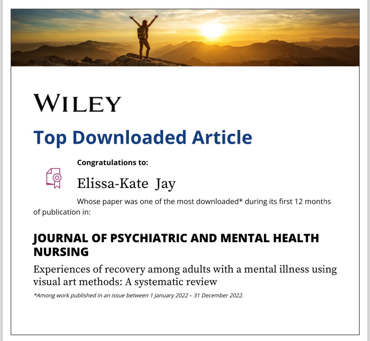 Our article, work of PhD Candidate Elissa-Kate Jay, is a top downloaded article of @JPMHNursing The systematic review establishes visual arts-based research both as a research approach and as an empowerment intervention Congratulations Elissa-Kate! doi.org/10.1111/jpm.12…