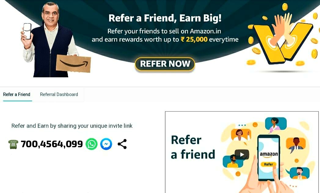 Refer a Friend, Earn Big!
Refer your friends to #sellonamazon & earn rewards worth up to रु 25,000 everytime.

For More info:☎ +91 7004564099 | #ReferNow