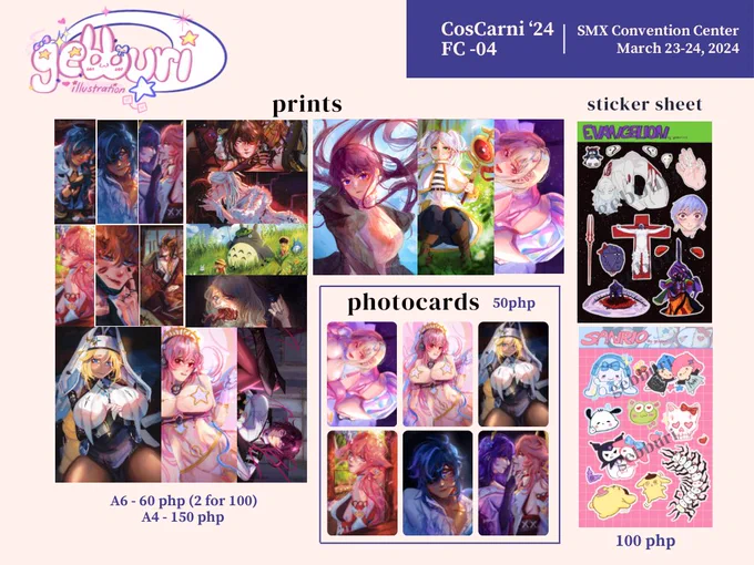 [RT ❤️] CosCarni catalog! 

find us @ FC-04 ⭐️ a lot of prints wont be restocked again once they sell out &gt;~&lt; DM is open for reservations !! see u all soon !! 

#CosplayCarnival2024 #FanFairAtCosplayCarnival2024 