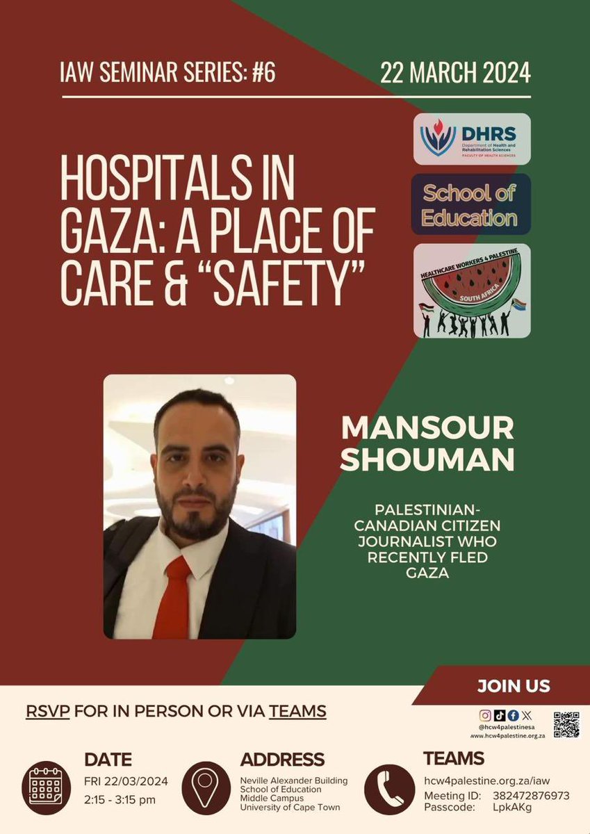 Seminar #6 . 
In-person registration docs.google.com/forms/d/e/1FAI…
Online registration teams.microsoft.com/dl/launcher/la…

#IAW #Gaza #hospitalsafety #healthcare #infrastructure