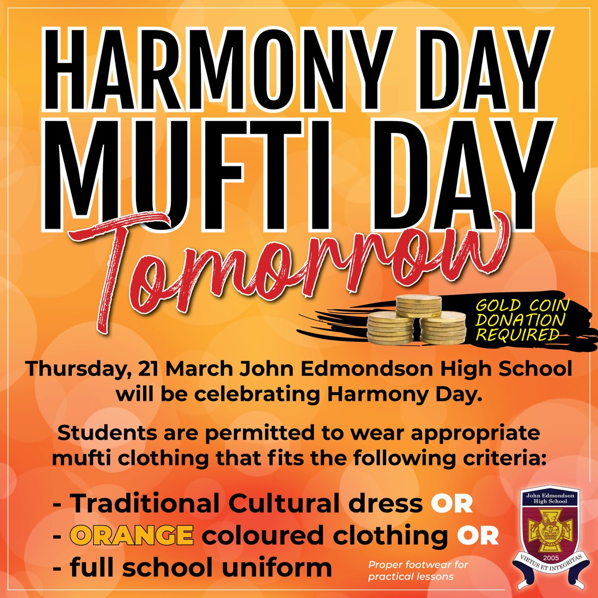 John Edmondson High School (@johnedmondsonhs) on Twitter photo ๐๐๐ฅ๐ ๐ข๐ก๐ฌ ๐๐๐ฌ | ๐ ๐๐ณ๐๐ถ ๐๐ฎ๐ ๐ณ๐ผ๐ฟ ๐๐ผ๐น๐ฑ ๐๐ผ๐ถ๐ป ๐๐ผ๐ป๐ฎ๐๐ถ๐ผ๐ป
Tomorrow we will be celebrating Harmony Day. Students will be performing traditional cultural dances, purchase multicultural foods from stalls and wear ๐ฎ๐ฝ๐ฝ๐ฟ๐ผ๐ฝ๐ฟ๐ถ๐ฎ๐๐ฒ mufti clothing. ๐๐๐ฅ๐ ๐ข๐ก๐ฌ ๐๐๐ฌ | ๐ ๐๐ณ๐๐ถ ๐๐ฎ๐ ๐ณ๐ผ๐ฟ ๐๐ผ๐น๐ฑ ๐๐ผ๐ถ๐ป ๐๐ผ๐ป๐ฎ๐๐ถ๐ผ๐ป
Tomorrow we will be celebrating Harmony Day. Students will be performing traditional cultural dances, purchase multicultural foods from stalls and wear ๐ฎ๐ฝ๐ฝ๐ฟ๐ผ๐ฝ๐ฟ๐ถ๐ฎ๐๐ฒ mufti clothing.