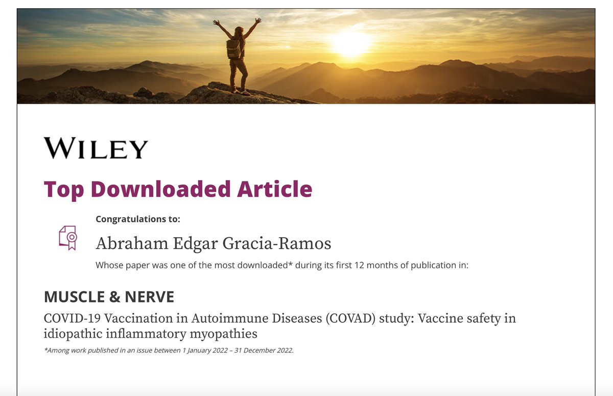 Honored that our article published in @MuscleAndNerve journal was one of the most read. Congratulations to all of the @CoVADStudy team 🥳🎉👏🏼 #TopDownloadedArticle onlinelibrary.wiley.com/doi/full/10.10…