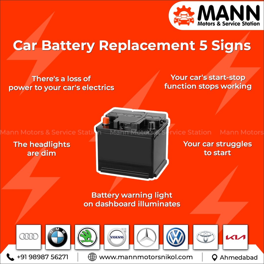 ⚠️ Don't get stranded! 🔋 Check out these 5 signs that scream 'replace me' and keep your wheels rolling smoothly. 

#CarBattery #BatteryReplacement #JumpStart #RoadSideAssistance #DoorstepServices  #BatteryReplacement #Automotive #MannMotors #MannMotorsNikol #Ahmedabad