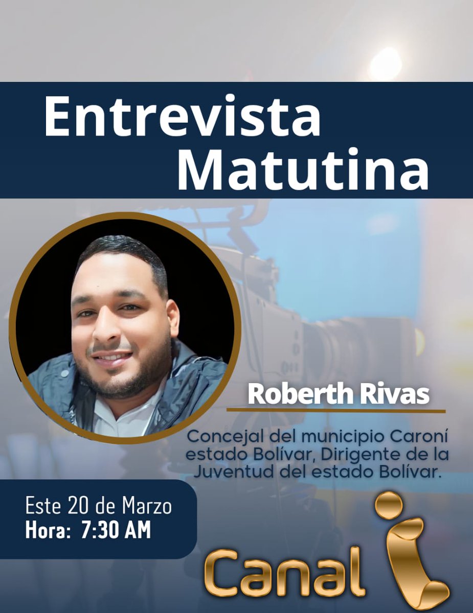 Epa mi gente! Nos vemos hoy miércoles 20 de Marzo a las 7:30AM dónde estaré como invitado especial en el programa entrevista Meridiana de <a href="/NoticiasCanali_/">Noticias Canal i</a>

#Concejal Roberth Rivas