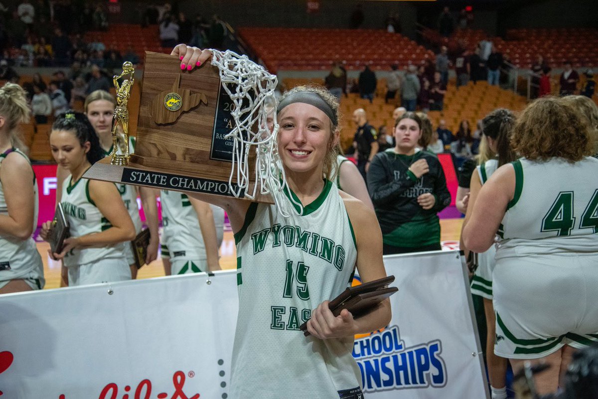 TJack94's tweet photo. Wyoming East guard Maddie Clark (2022-24) joins former Mullens star Herbie Brooks (82-84) as the only athletes in Wyoming County history to win three state championships and earn three first team all-state selections. https://t.co/WcQdSkGNVg