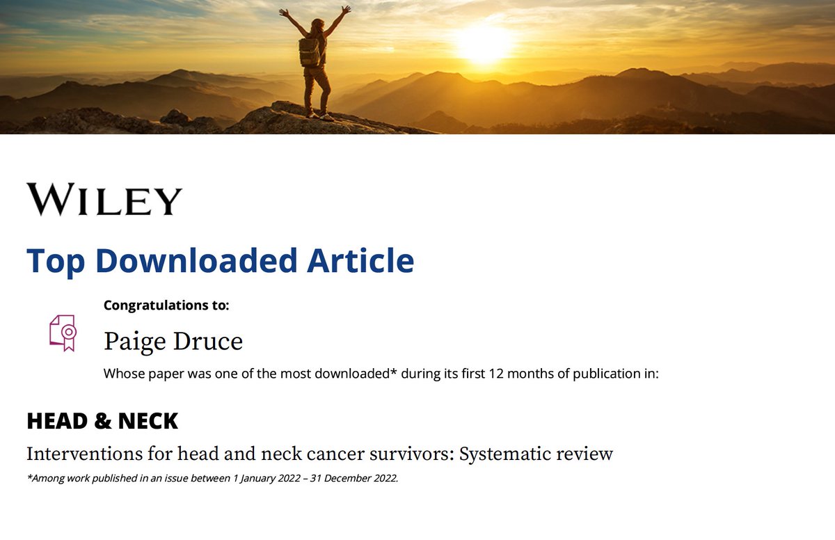 Wonderful to receive the notification that our paper on interventions for head &amp; neck #cancer survivors was one of the top downloaded articles ➡️ bit.ly/3IMdDyO

Congrats to all coauthors 🙌 <a href="/MargalitMd/">Dr. Danielle Margalit</a> <a href="/DrN_CancerPCP/">Larissa Nekhlyudov</a> <a href="/RebeccaVenchers/">Rebecca Venchiarutti</a> <a href="/maireadmcn/">Mairead McNamara</a>