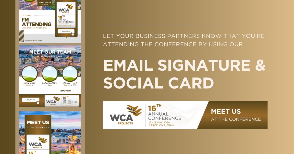 Will you be attending #WCAprojects2024? Let your partners know with a personalized email signature and social card! ✨ Download them from the download section here: ow.ly/6kW650QXlMY Haven't secured your spot yet? Register now! ow.ly/6kW650QXlMY