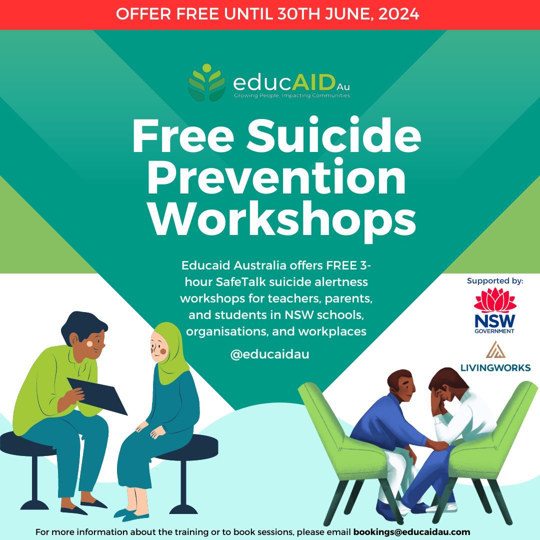 📣📣ATTENTION: Book FREE Suicide Alertness Workshops✅✅

Looking to empower your school, workpkace or organisation with essential suicide prevention skills? Educaid is offering  fully funded workshops. Contact us now- email in flyer below. <a href="/LivingWorksAus/">LivingWorks Australia</a>