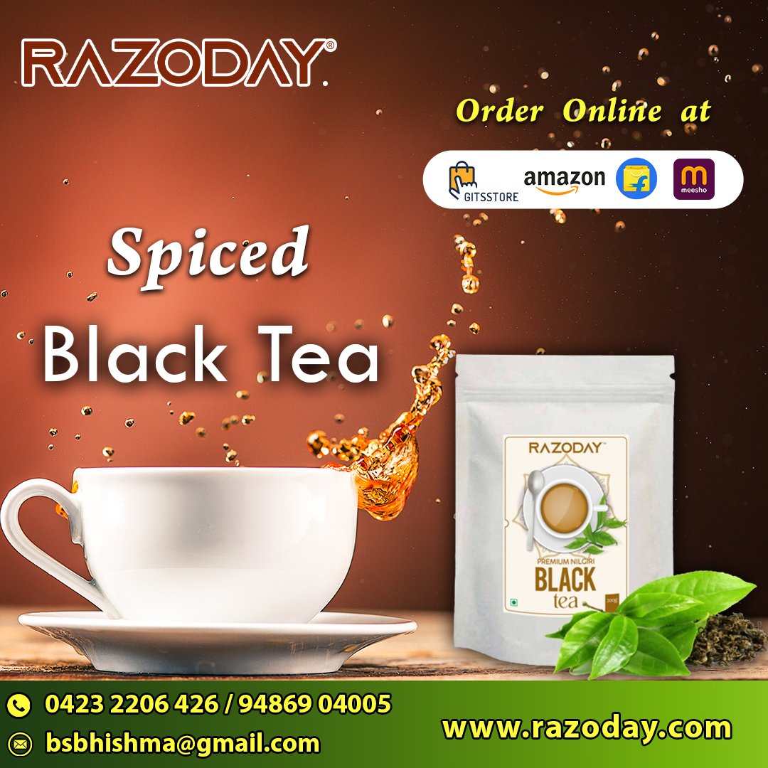 Spiced Black Tea

#SpicedBlackTea #PREMIUMNILGIRIBLACKTEA #RAZODAY #blacktea #nilgirisblacktea #qualityingredients #unmatchedtaste #onlineshoping #freshness #shoponline #BestQualityBestPrice #orderonlinenow  #orderonlinenow #orderflipkart #ordergitsstore #ordermeesho #orderamazon