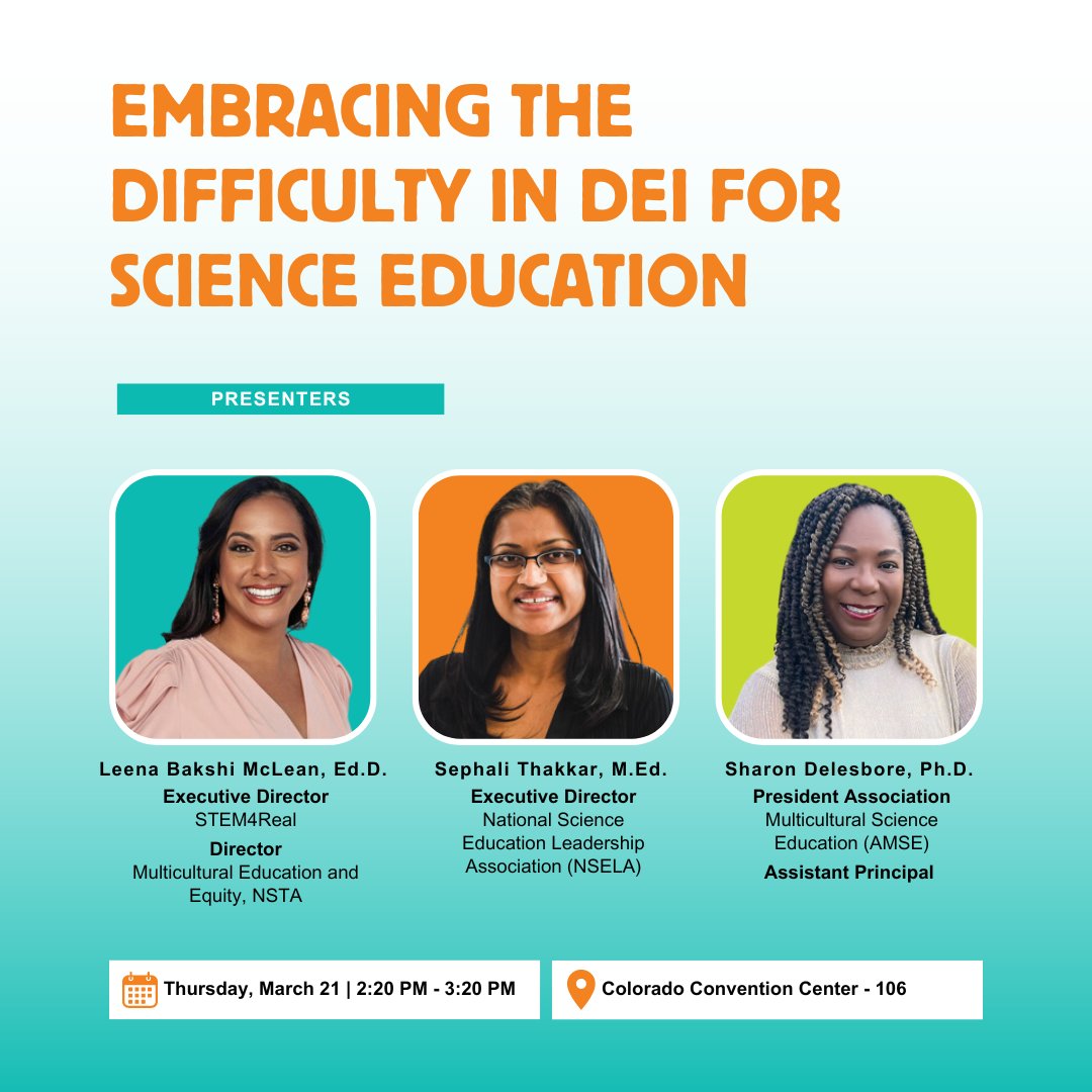 Having difficulty in DEI? Let's embrace it! See you on Thursday for our session! Let's Define, Diffuse, and Deliver DEI initiatives in STEM, #4Real! #NSTASpring24