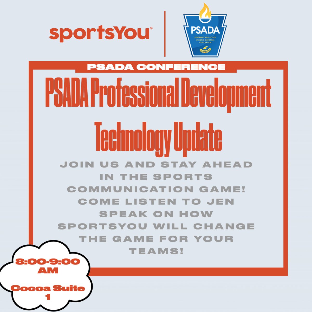 TODAY in Cocoa Suite 1 from 8:00 to 9:00 AM come listen to Jen talk at the PSADA Professional Development Technology Update about sportsYou!! #sportscommunication #psada