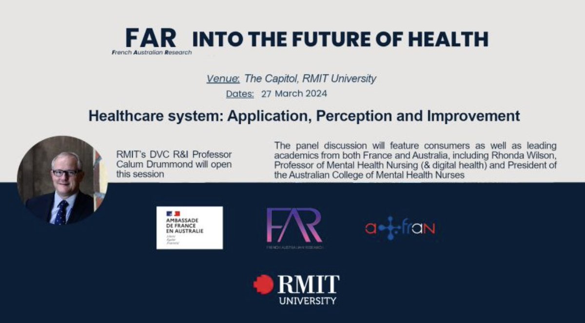 Healthcare research is core to @RMIT so we're hosting a free public event all about it at The Capitol on Wednesday 27 March, 4.30-7pm In partnership w/ @afran_org and @FranceAustralia as part of FAR into the Future of Health. Don't miss out!  lnkd.in/gqk5DWNJ